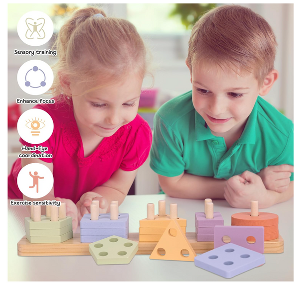 Montessori Toys Sorting & Stacking Toys for Toddlers and Preschool Kids for 3 Years Old, Wooden Educational Toys - Shape Sorter and Color Recognition Stacker Girl Boy Gifts