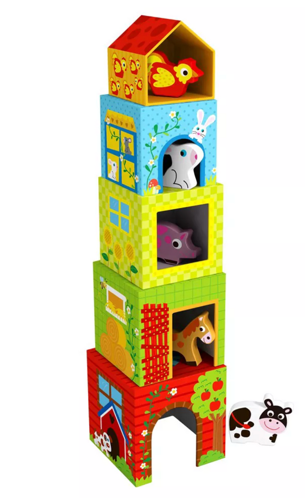 Colorful Nesting Box Farm with 5 Boxes and 4 Animal Figures Creativity Toy for Kids