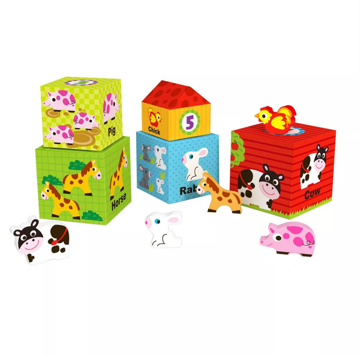 Colorful Nesting Box Farm with 5 Boxes and 4 Animal Figures Creativity Toy for Kids