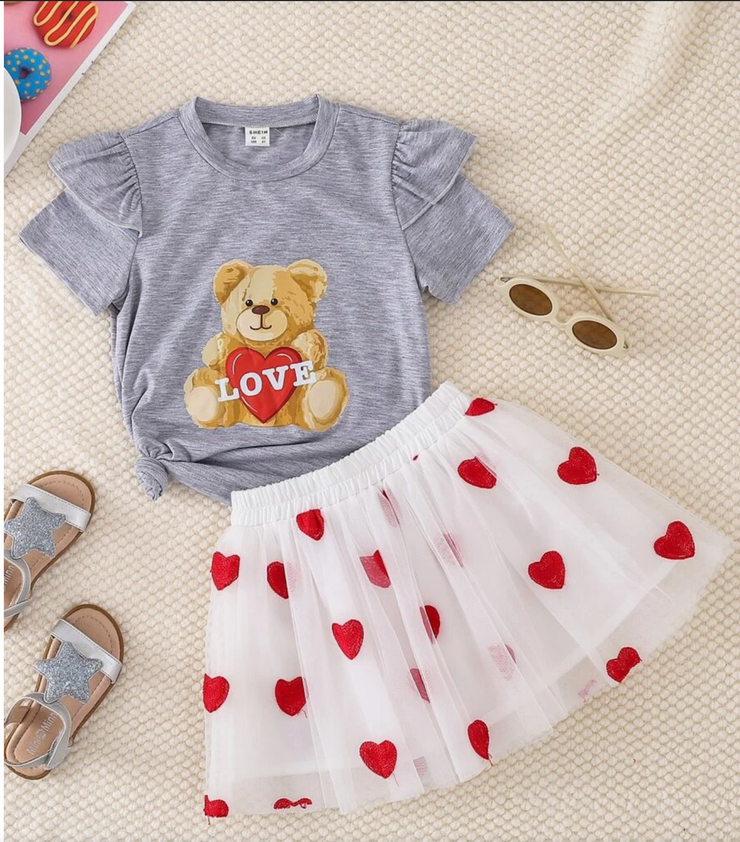 Toddler Girls' Valentine's Bear 2-Piece Set - Ruffle Tee & Heart Mesh Skirt