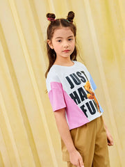 "Fun and Flair: Girls' Multicolor Teddy Bear Crop T-shirt"