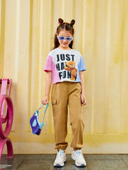 "Fun and Flair: Girls' Multicolor Teddy Bear Crop T-shirt"