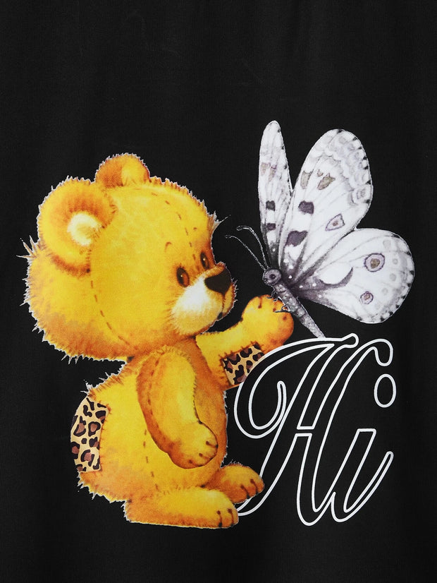 Girls Bear & Butterfly Print Drop Shoulder Tee