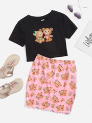 Girls  Bear Graphic Tee &  Skirt Set