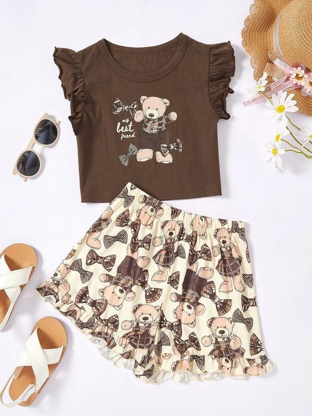 Girls Bear & Letter Graphic Ruffle Trim Tee & Shorts